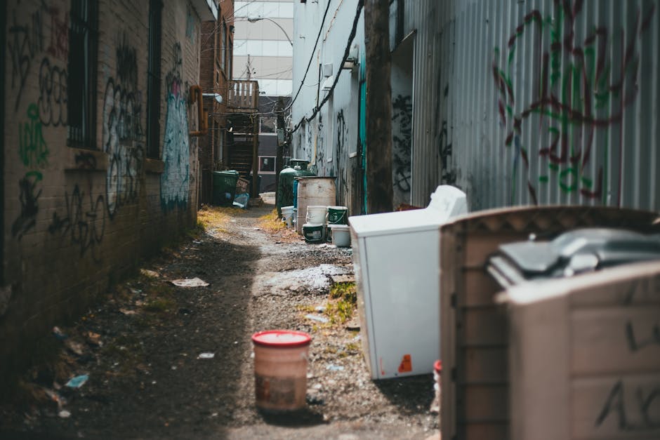 A narrow outdoor alleyway situated between a dark green corrugated metal building on the left and a weathered brick wall on the right, both extending vertically out of view. The alley is cluttered wit